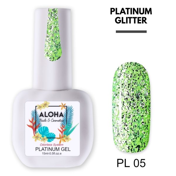 Ημιμόνιμο βερνίκι Aloha 15ml - Platinum Glitter PL 05 / Intense Green (Έντονο Πράσινο)