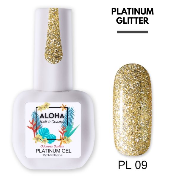 Ημιμόνιμο βερνίκι Aloha 15ml - Platinum Glitter PL 09 / Gold (Χρυσό)