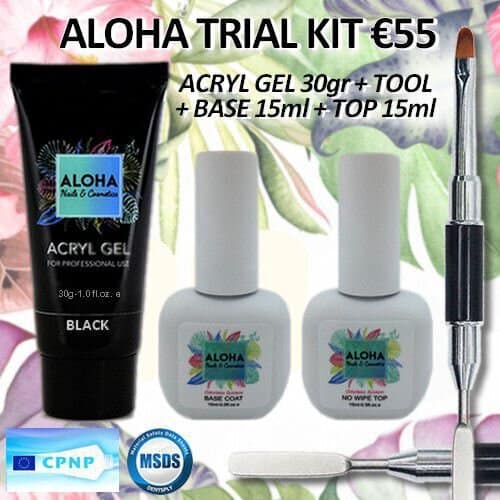 Aloha Trial Kit - Acryl Gel 30 gr / Black + Tool + Base 15ml + Top 15ml